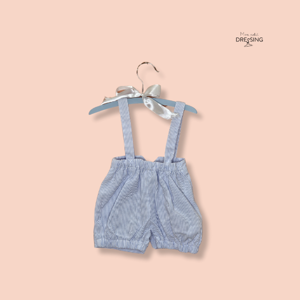 Mon Petit Dressing | Barboteuse bleue rayée comme un bloomer à bretelle ou un short salopette.