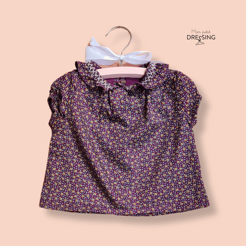 Mon Petit Dressing | Blouse couleur prune motif fleurs - col à smock - manches courtes - taille 6 mois vue de face - Sergent Major