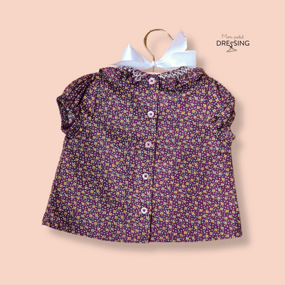 Mon Petit Dressing | Blouse couleur prune motif fleurs - fermeture par boutons sur toute la longueur - taille 6 mois vue de dos