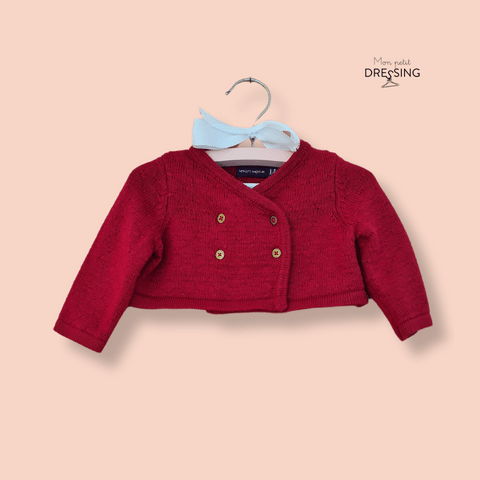 Mon Petit Dressing | Bolero rouge bordeaux fermeture croisée par boutons dorés - taille 3 mois vue de face - Sergent Major