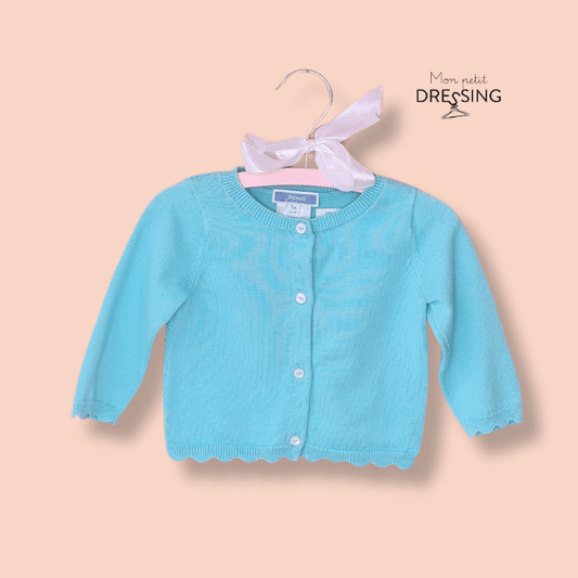 Mon Petit Dressing | Cardigan festonné bleu turquoise de la marque Jacadi. Boutons blanc 