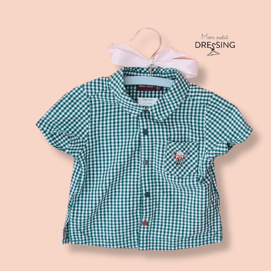 mon-petit-dressing.com | Chemise vert, motif vichy, manches courtes. Poche plaquée avec motif éléphant de la marque Sergent Major