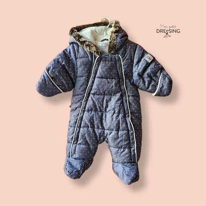 Combi-piolote ou manteau à capuche, Obaibi, bleu gris, Capuche fourrure, protection mains et pieds