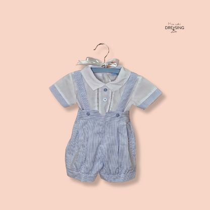 Mon Petit Dressing | Ensemble blouse et bloomer à bretelle comme une salopette. Couleur bleue ciel