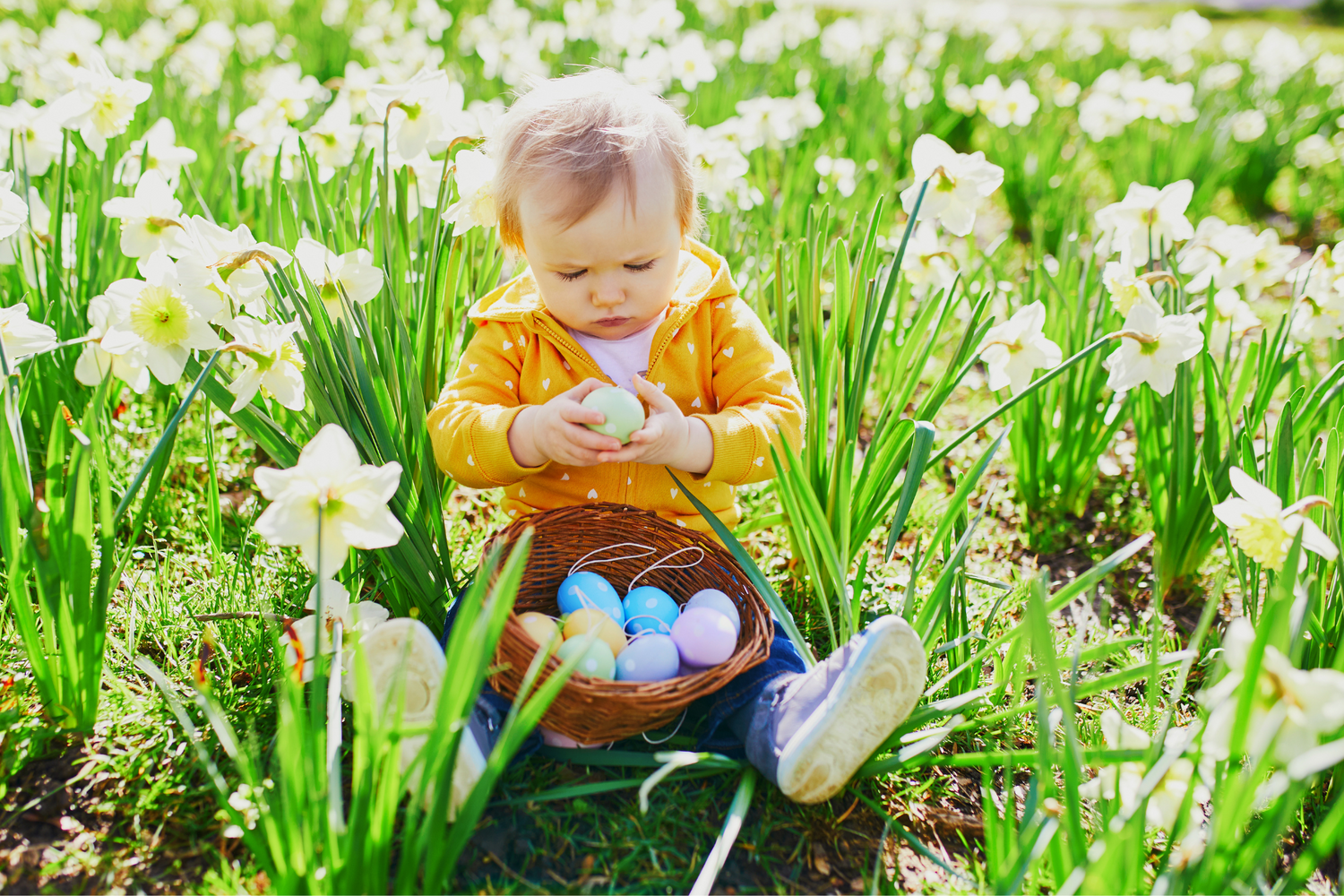 Bébé fille assise dans l'herbe habillée avec une veste jaune à pois et un jeans, regardant des oeufs de Pâques