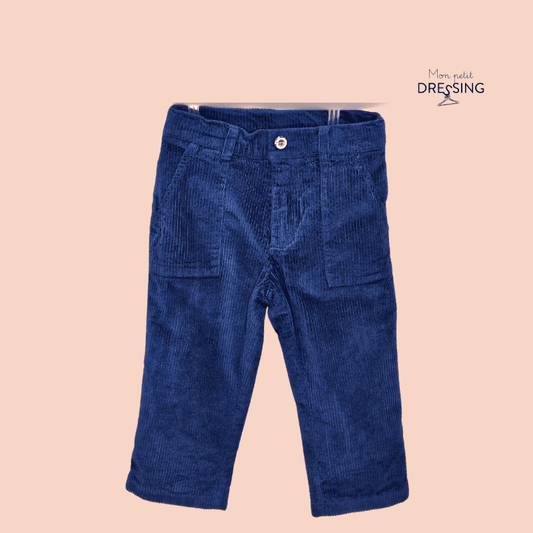Mon Petit Dressing | Pantalon bleu électrique en velours tricoté, 2 poches plaquées sur le devant. Bouton argenté. Jacadi