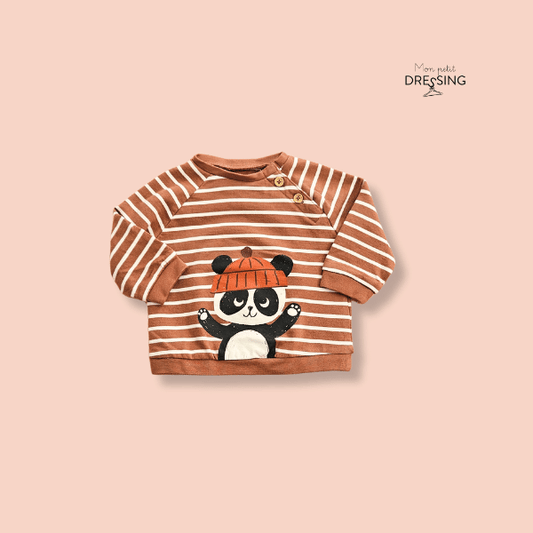 Mon Petit Dressing | Pull rayé marron et blanc avec un motif nounours. Ouverture du col par boutons.  Verbaudet