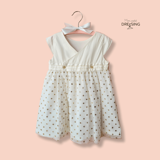 Mon Petit Dressing | Robe tutu blanche à pois doré fermeture croisée par bouton doré de la marque Petit Bateau. Idéale cérémonie - Vue de dos