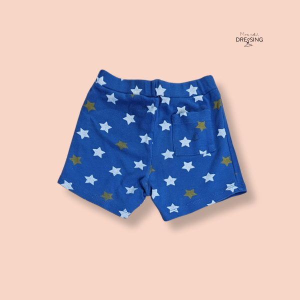 Mon Petit Dressing - Short bleu avec étoiles, poche plaquée. Vue de dos. Petit Bateau