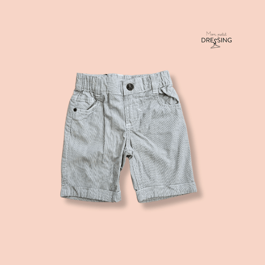 Mon Petit Dressing | Short rayé gris Sergent Major, 2 poches, taille élastique. Revers sur le bas des jambes