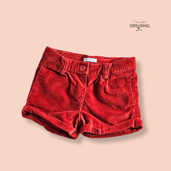 Mon Petit Dressing | Short rouge en velours de la marque Boutchou. Ceinture avec bouton et 2 poches dissimulées