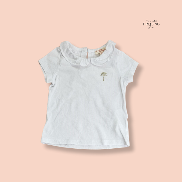 Mon-petit-dressing.com | T-shirt blanc col claudine à manches courtes avec motif palmier doré