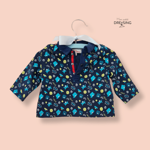 Mon Petit Dressing | Tee-shirt bleu marine à motif, il a des manches longues, un col bleu marine uni, ouverture par le col avec 3 boutons pression Taille 3 Mois, DPAM vue de face