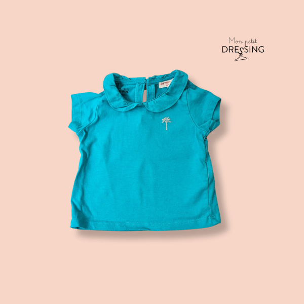 Mon-petit-dressing.com | T-shirt bleu turquoise, col claudine, manches courtes