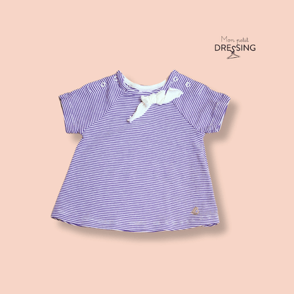 Mon Petit Dressing | T-shirt rayé blanc et violet avec noeud blanc Vue de face