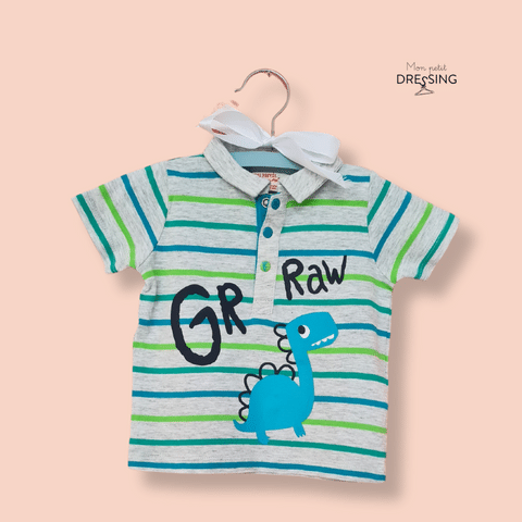 Mon Petit Dressing | t-shirt col rayé motif dinosaure GRRAW vue face DPAM