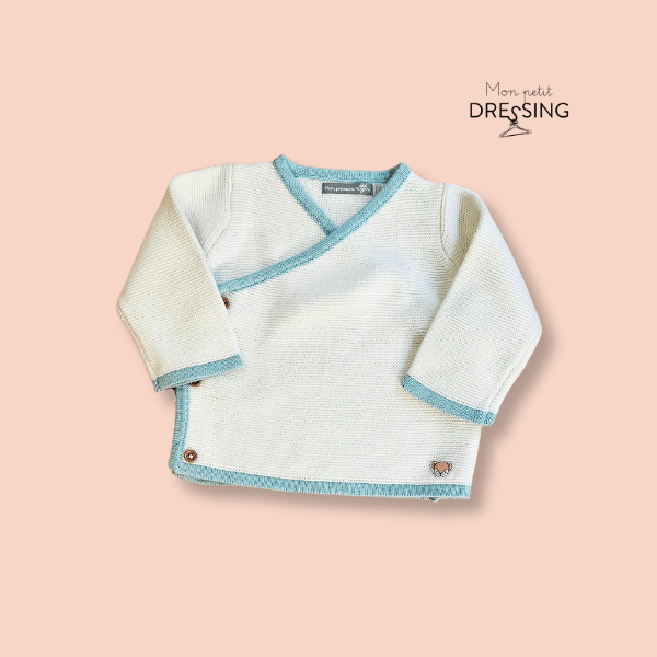 Mon Petit Dressing | Cardigan blanc liseret bleu ouverture croisée par bouton sur côté droit Sergent Major