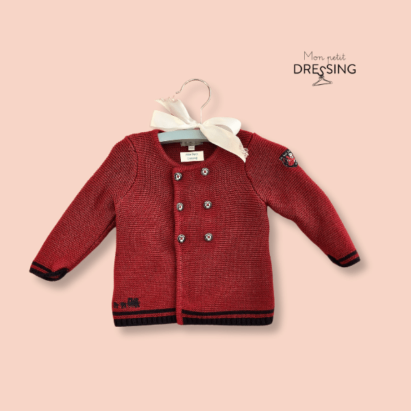 mon-petit-dressing.com | Cardigan rouge bordeaux liseret noir 6 boutons sur 2 colonnes - écusson épaule gauche.