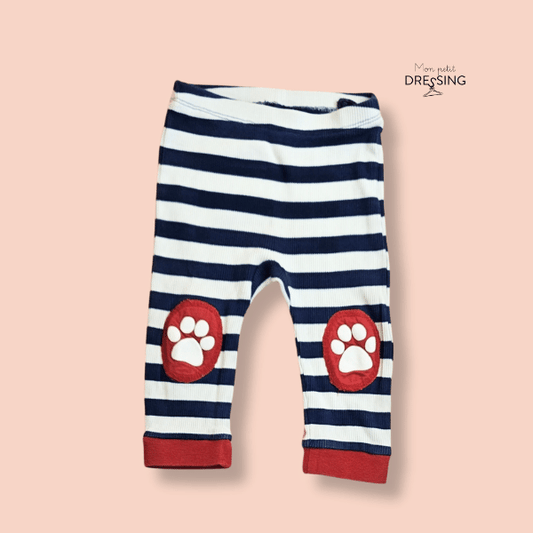 Mon Petit Dressing | Legging stretch, rayé bleu blanc et rouge empreinte genouillères pattes de chat. DPAM
