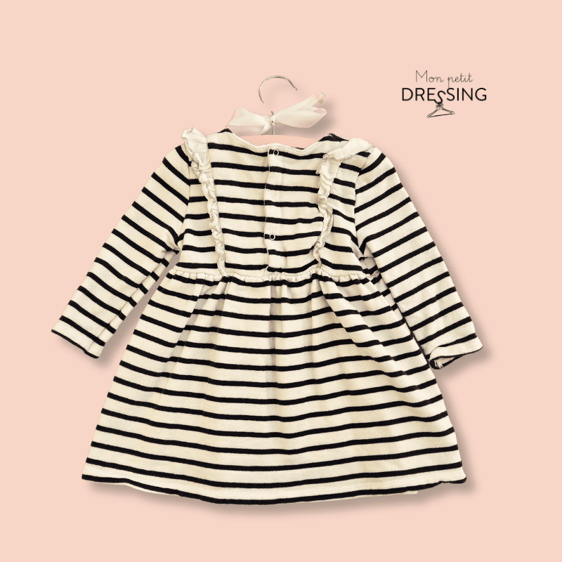 Mon Petit Dressing | Robe marinière à volants sur le buste. Ouverture du col élargie par bouton pression jusqu'à la taille. Petit Bateau