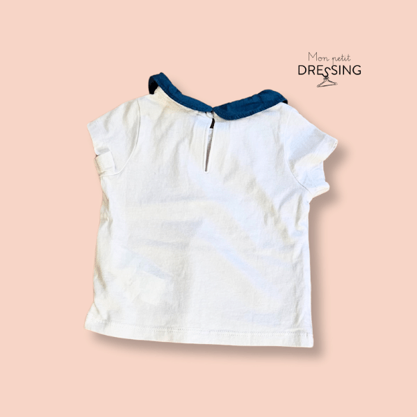 Mon Petit Dressing | T-shirt blanc col claudine bleu, col élargi avec fermeture à bouton dans le dos Taille 6 mois DPAM