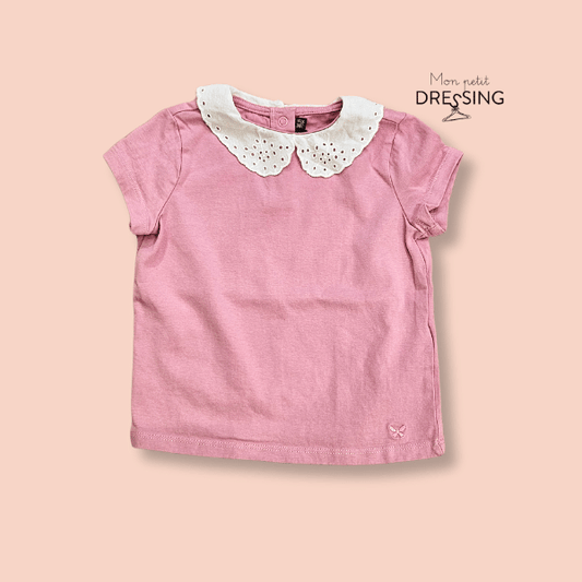 mon-petit-dressing.com | T shirt rose col claudine blanc ajouré manches courtes. Sergent Major