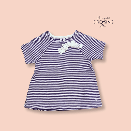 Mon Petit Dressing | T-shirt violet à manches courtes rayures blanches avec noeud blanc à pois violet. Petit Bateau