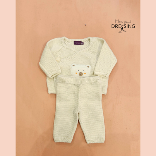 Ensemble pull et legging blanc en maille - motif ourson fermeture croisée