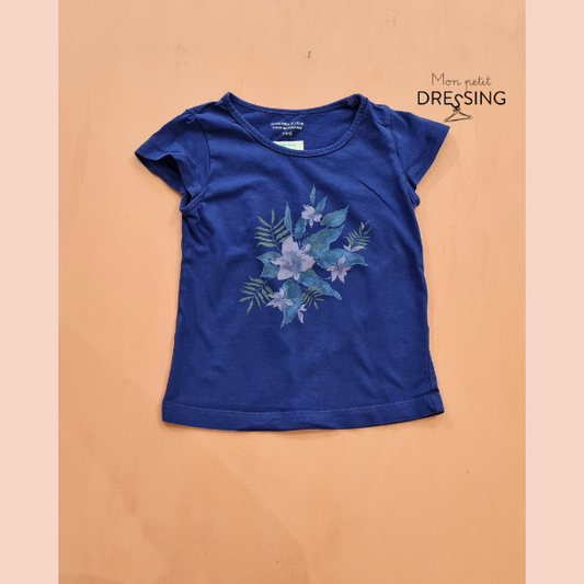 T shirt bleu fleurs manches courtes